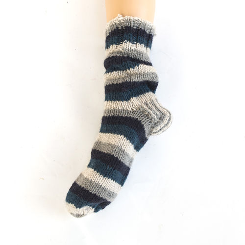 Handgestrickte Socken, Geringelt in Blau Gr. XL