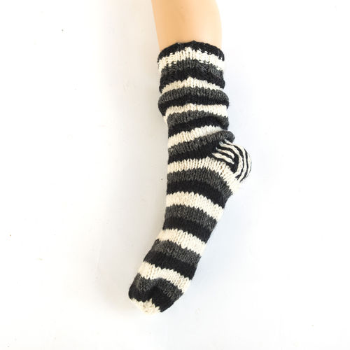Handgestrickte Socken, Geringelt in Grau Schwarz Gr. XL