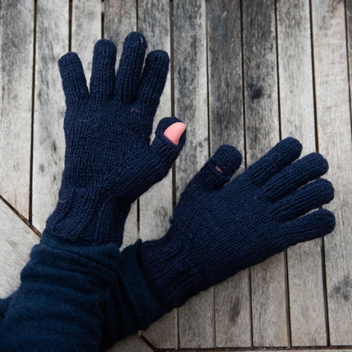 Handschuhe mit Daumenloch Wolle, Dunkelblau